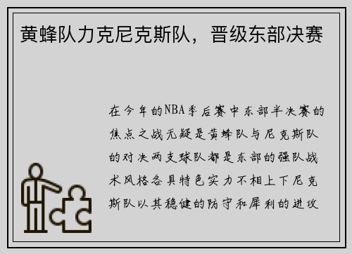 黄蜂队力克尼克斯队，晋级东部决赛