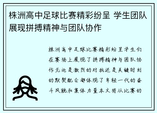 株洲高中足球比赛精彩纷呈 学生团队展现拼搏精神与团队协作