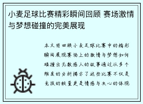 小麦足球比赛精彩瞬间回顾 赛场激情与梦想碰撞的完美展现