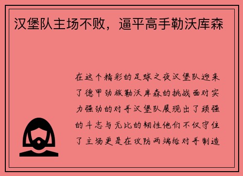 汉堡队主场不败，逼平高手勒沃库森