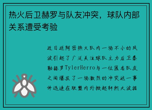 热火后卫赫罗与队友冲突，球队内部关系遭受考验