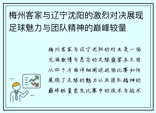 梅州客家与辽宁沈阳的激烈对决展现足球魅力与团队精神的巅峰较量