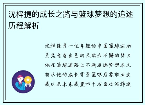 沈梓捷的成长之路与篮球梦想的追逐历程解析
