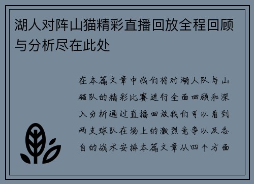 湖人对阵山猫精彩直播回放全程回顾与分析尽在此处