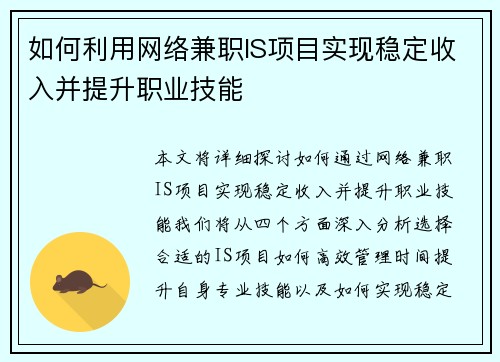 如何利用网络兼职IS项目实现稳定收入并提升职业技能