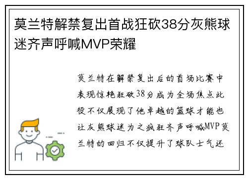莫兰特解禁复出首战狂砍38分灰熊球迷齐声呼喊MVP荣耀