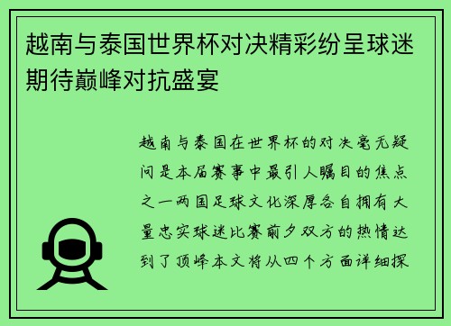 越南与泰国世界杯对决精彩纷呈球迷期待巅峰对抗盛宴