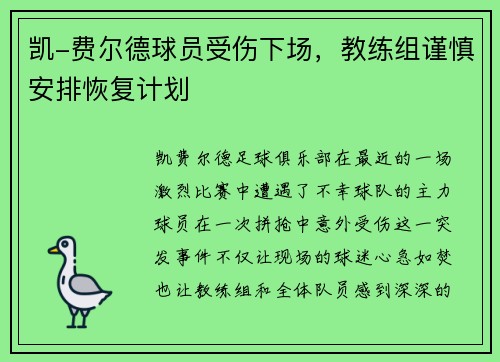 凯-费尔德球员受伤下场，教练组谨慎安排恢复计划