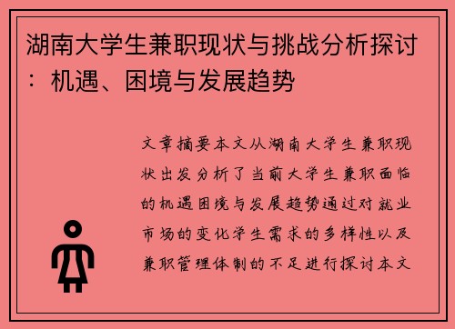 湖南大学生兼职现状与挑战分析探讨：机遇、困境与发展趋势