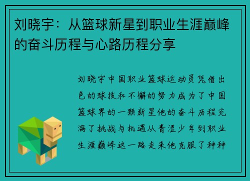 刘晓宇：从篮球新星到职业生涯巅峰的奋斗历程与心路历程分享