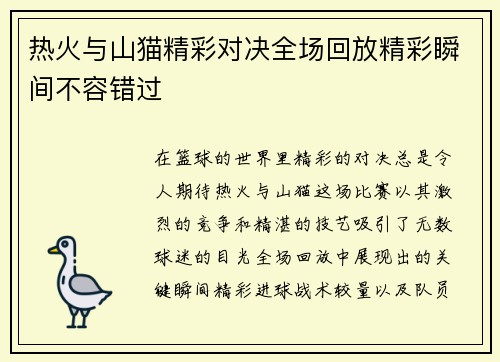 热火与山猫精彩对决全场回放精彩瞬间不容错过