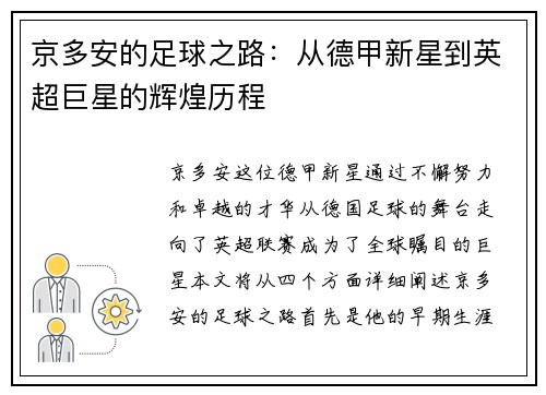 京多安的足球之路：从德甲新星到英超巨星的辉煌历程