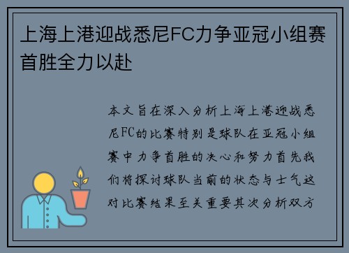 上海上港迎战悉尼FC力争亚冠小组赛首胜全力以赴