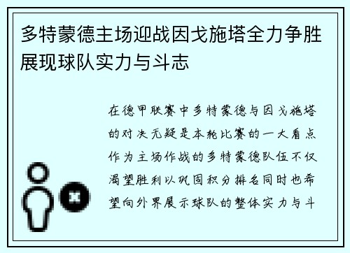 多特蒙德主场迎战因戈施塔全力争胜展现球队实力与斗志