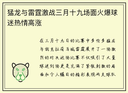 猛龙与雷霆激战三月十九场面火爆球迷热情高涨