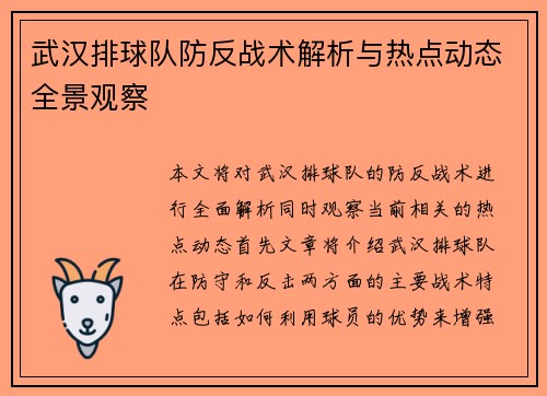 武汉排球队防反战术解析与热点动态全景观察