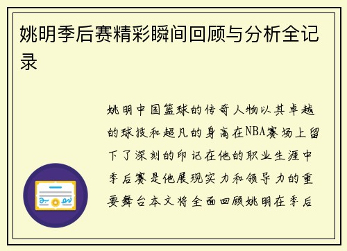 姚明季后赛精彩瞬间回顾与分析全记录